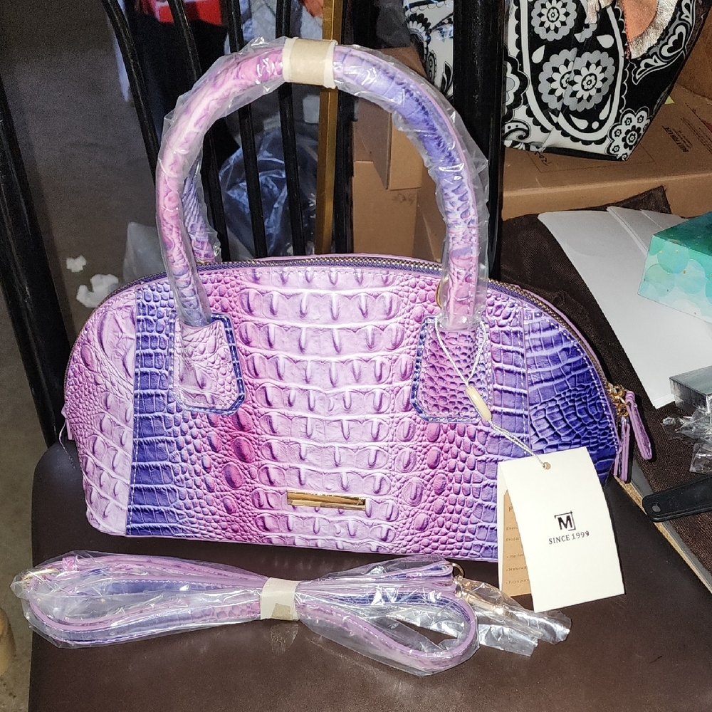 MAK Purple Ombre CrocEmbossed Vegan Leather Satchel W/crossbody Nwt Brahmin LIKE - Picture 7 of 7